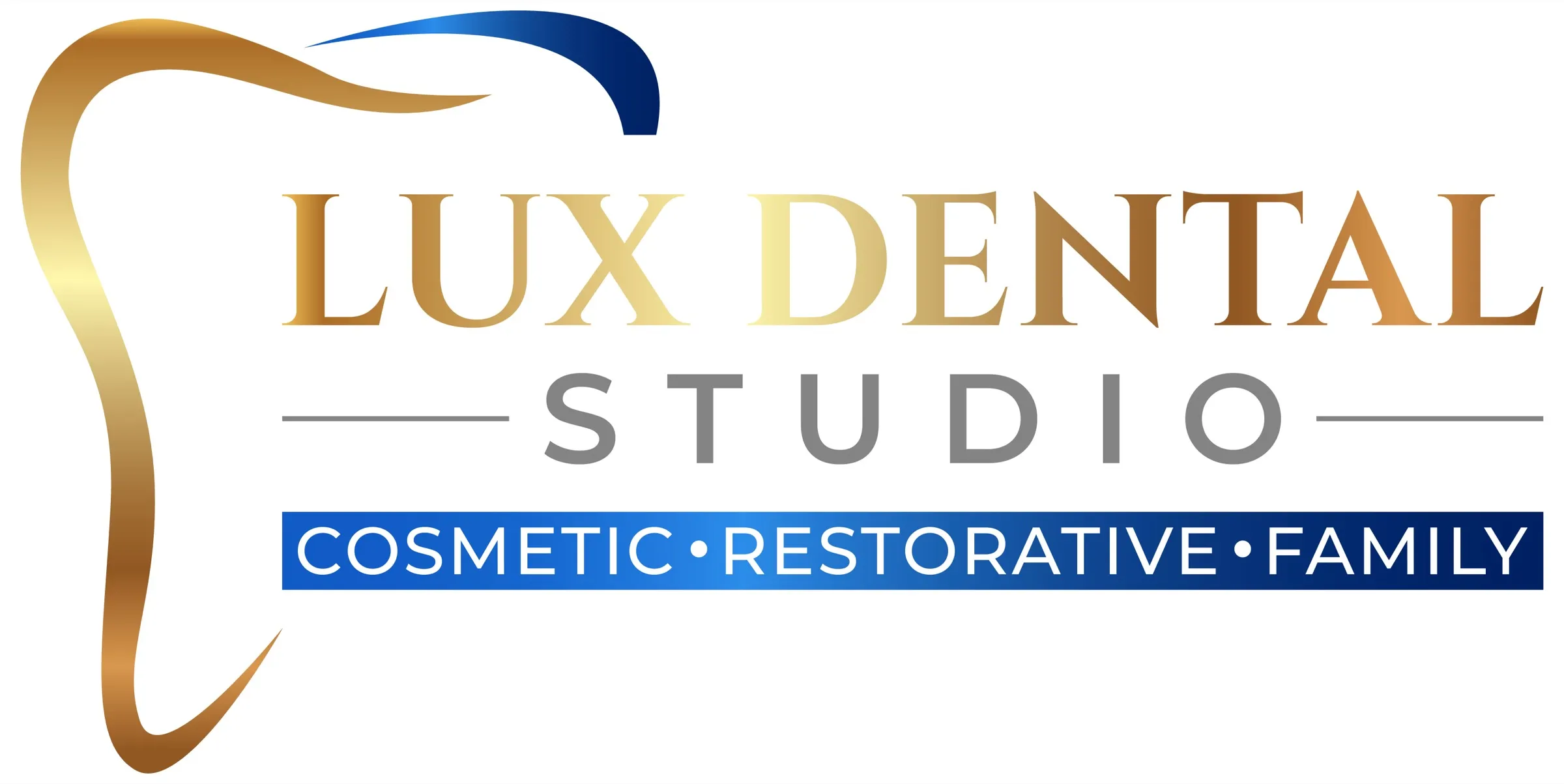 A family of five smiling together outdoors, patients of Lux Dental Studio